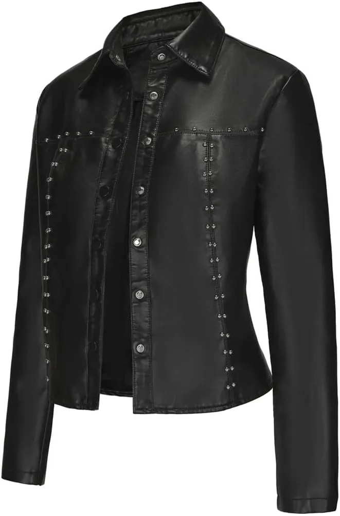 Moto Biker Jackets for Women Rivet Faux Leather Jacket Women Spring Autumn Coat