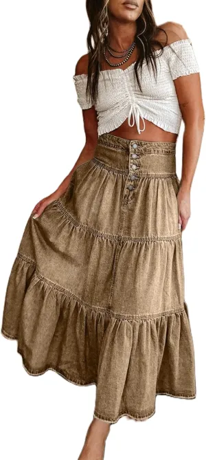 Mxiqqpltky Women's Denim Maxi Skirt High Waist Button Front Tiered Ruffle Swing A-Line Jean Long Skirt Y2k Streetwear