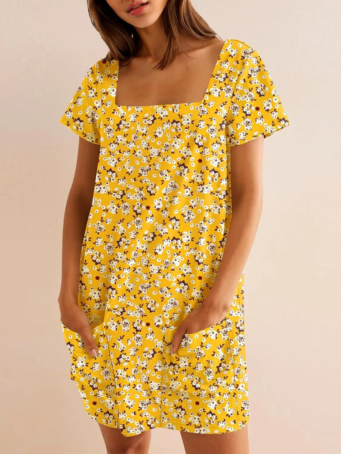 Naggoo Women Summer Sundresses Short Sleeve Square Neck Shift Tshirt Mini Dress with Pockets