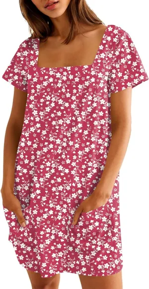 Naggoo Women Summer Sundresses Short Sleeve Square Neck Shift Tshirt Mini Dress with Pockets