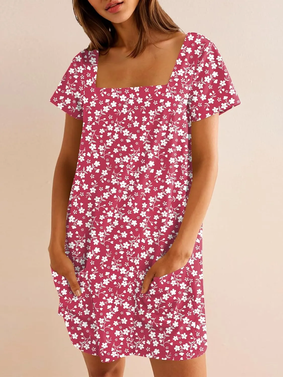 Naggoo Women Summer Sundresses Short Sleeve Square Neck Shift Tshirt Mini Dress with Pockets