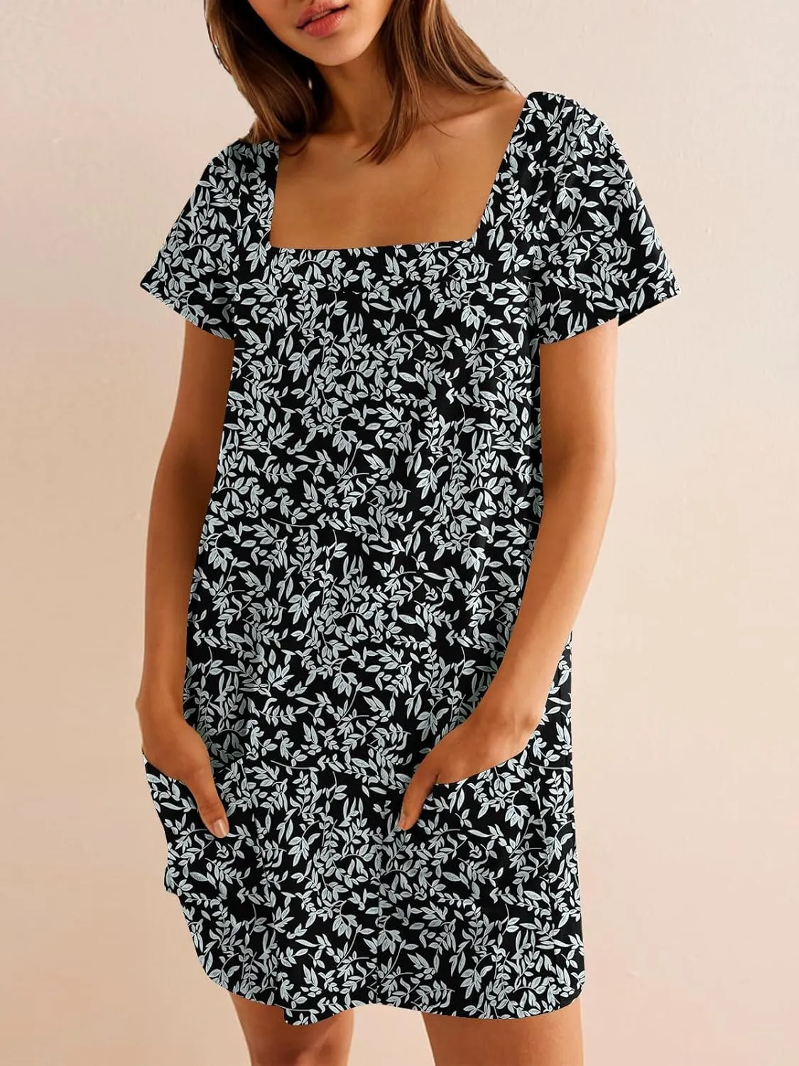 Naggoo Women Summer Sundresses Short Sleeve Square Neck Shift Tshirt Mini Dress with Pockets