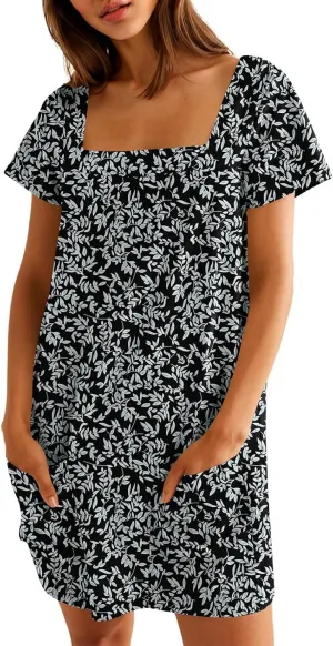 Naggoo Women Summer Sundresses Short Sleeve Square Neck Shift Tshirt Mini Dress with Pockets