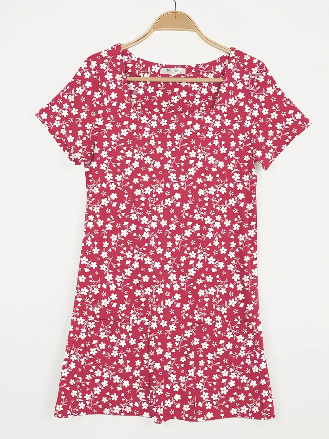 Naggoo Women Summer Sundresses Short Sleeve Square Neck Shift Tshirt Mini Dress with Pockets