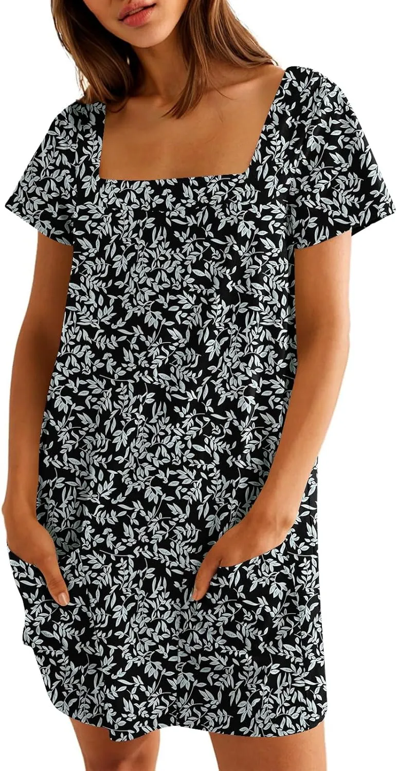 Naggoo Women Summer Sundresses Short Sleeve Square Neck Shift Tshirt Mini Dress with Pockets