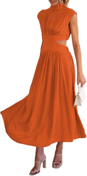 NUFIWI Women Sexy Cutout Waist Midi Dress Mock Neck Sleeveless Pleated Dress Bodycon Ruffle Swing Party Cocktail Dress