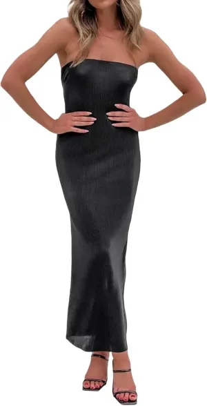NUFIWI Women Y2k Pleated Maxi Dress Off Shoulder Backless Cutout Long Dress Plisse Strapless Bodycon Party Evening Dress