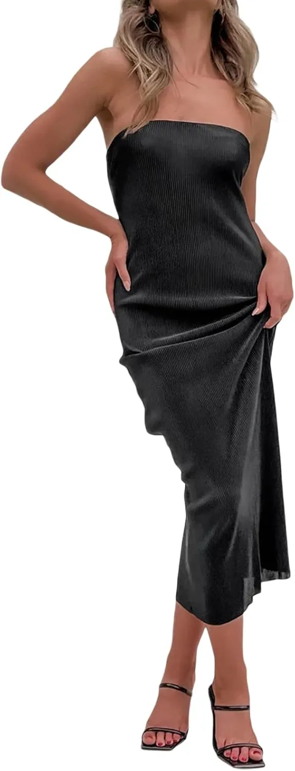 NUFIWI Women Y2k Pleated Maxi Dress Off Shoulder Backless Cutout Long Dress Plisse Strapless Bodycon Party Evening Dress