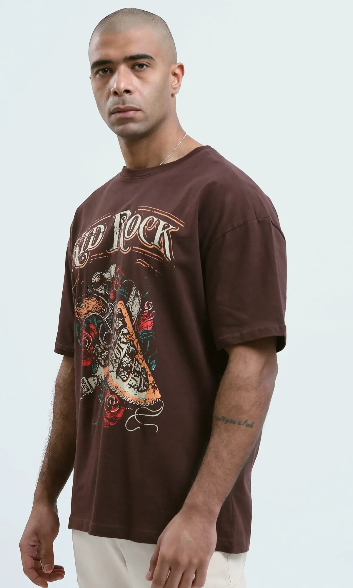 o188743 - "Kid Rock" Dark Brown Elbow Sleeves Printed Tee