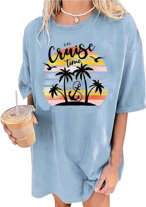 Oversized Graphic Tees for Women Summer Beach Vacation Shirts Coconut Tree Casual Loose T-Shirt Tops