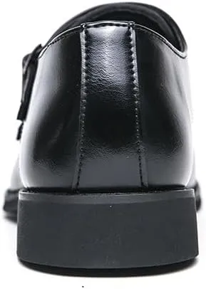 Oxford Dress Shoes for Men Slip On Square Burnished Toe Brogue Cap Toe Double Monk Strap Vegan Leather Low Top Anti-Slip Slip Resistant Walking(Black,10)