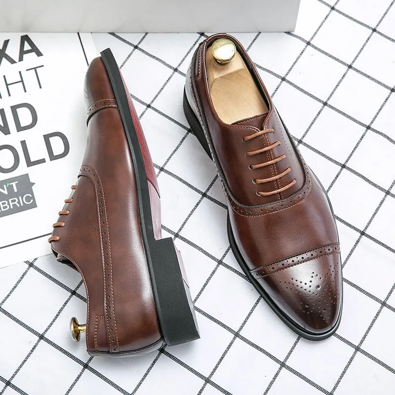 Oxfords Shoes for Men Brown Black Business Lace-up Pu Office  Brogue Dress Shoes Zapatos De Vestir Hombre