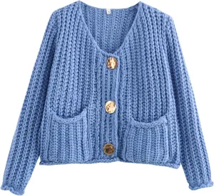 Perbai Women's Cropped Cardigan Sweater Long Sleeve Button Down Chunky Knit Cardigan Fall Outfits 2024