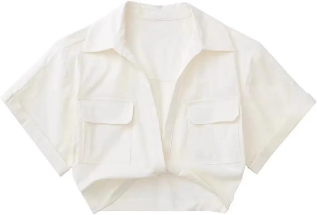 Perbai Women's Summer Crop Top Deep V Neck Short Sleeve Twist Front Collared Shirt Linen Blouse