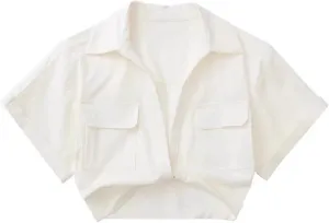 Perbai Women's Summer Crop Top Deep V Neck Short Sleeve Twist Front Collared Shirt Linen Blouse