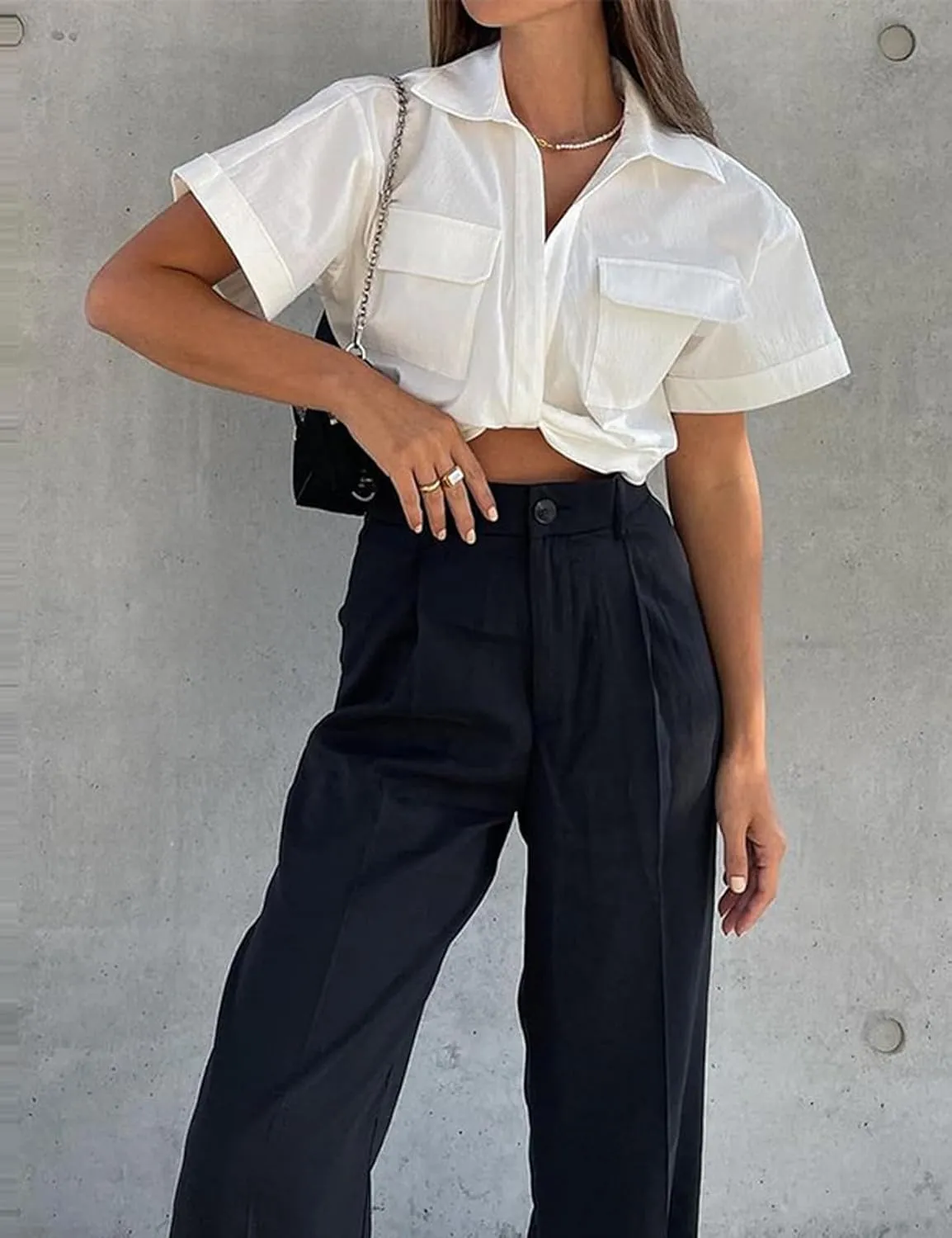 Perbai Women's Summer Crop Top Deep V Neck Short Sleeve Twist Front Collared Shirt Linen Blouse