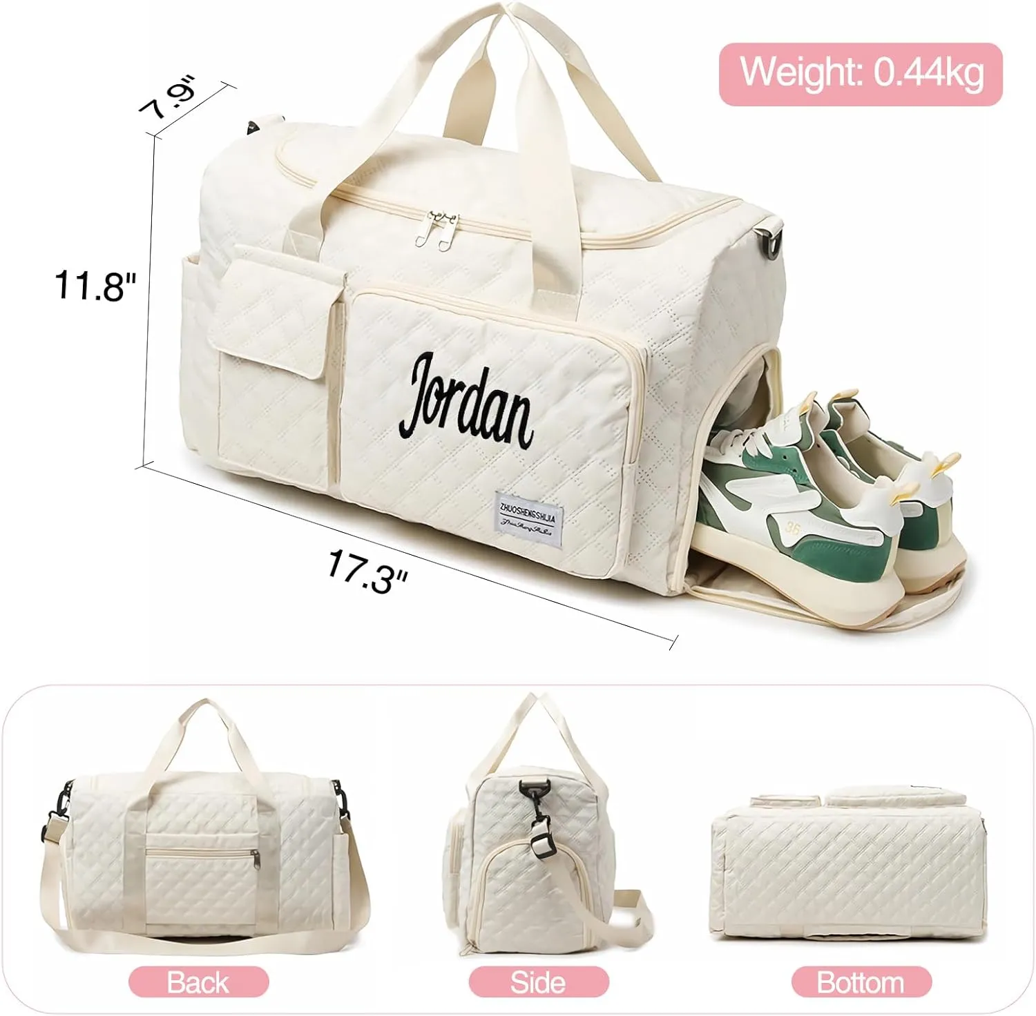 Personalized Weekender Duffle Bag for Women - Carry On Travel Bag with Shoe Compartment & Wet Pocket, Personalized Gym Tote for Workouts, Hospital Labor Delivery, Overnight Trips(White)