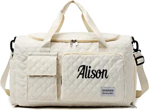 Personalized Weekender Duffle Bag for Women - Carry On Travel Bag with Shoe Compartment & Wet Pocket, Personalized Gym Tote for Workouts, Hospital Labor Delivery, Overnight Trips(White)