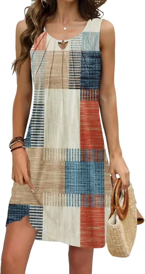 Pleated Front Summer Dresses for Women 2025 Casual Beach Floral Print Sundress Boho Tank Dress