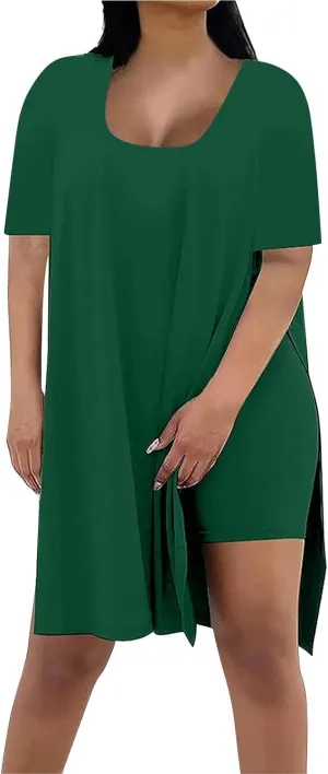 Plus Size Two Piece Outfits for Women Summer Casual V Neck Tracksuit Side Split Short Sleeve Tunic Tops Shorts Sets