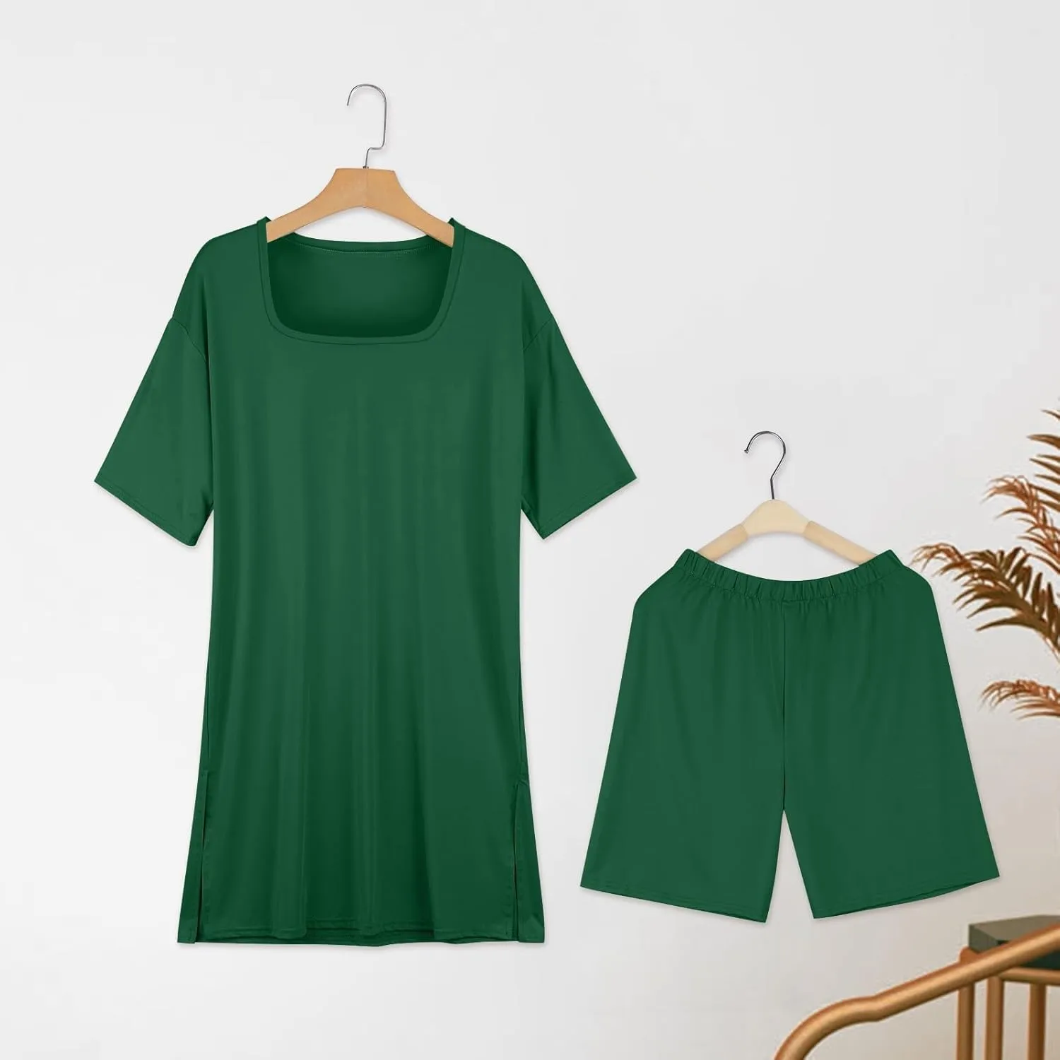 Plus Size Two Piece Outfits for Women Summer Casual V Neck Tracksuit Side Split Short Sleeve Tunic Tops Shorts Sets