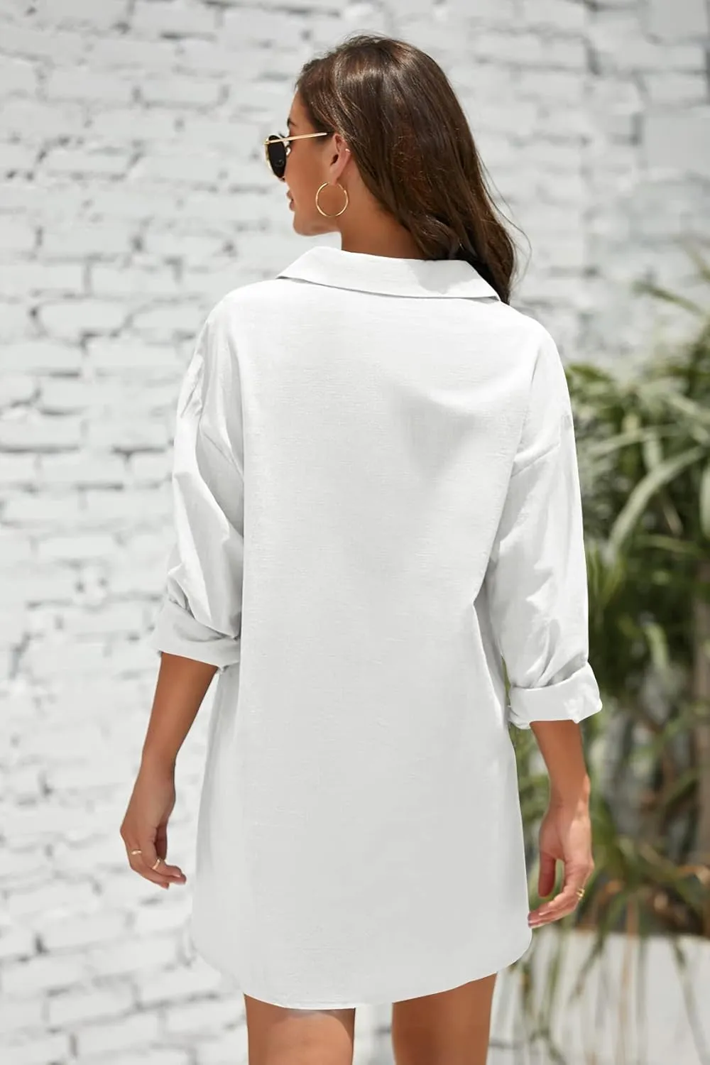 Pretifeel Womens Cotton Linen Tunic Shirts Button Down Long Sleeve Blouse Tops Beach Cover Up