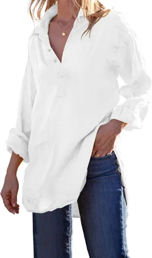 Pretifeel Womens Cotton Linen Tunic Shirts Button Down Long Sleeve Blouse Tops Beach Cover Up