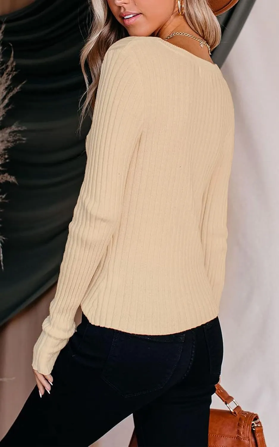 PRETTYGARDEN Long Sleeve Henley Shirts for Women - Button V Neck Basic Slim Fitted Ribbed Knit Tunic Sweater Tops