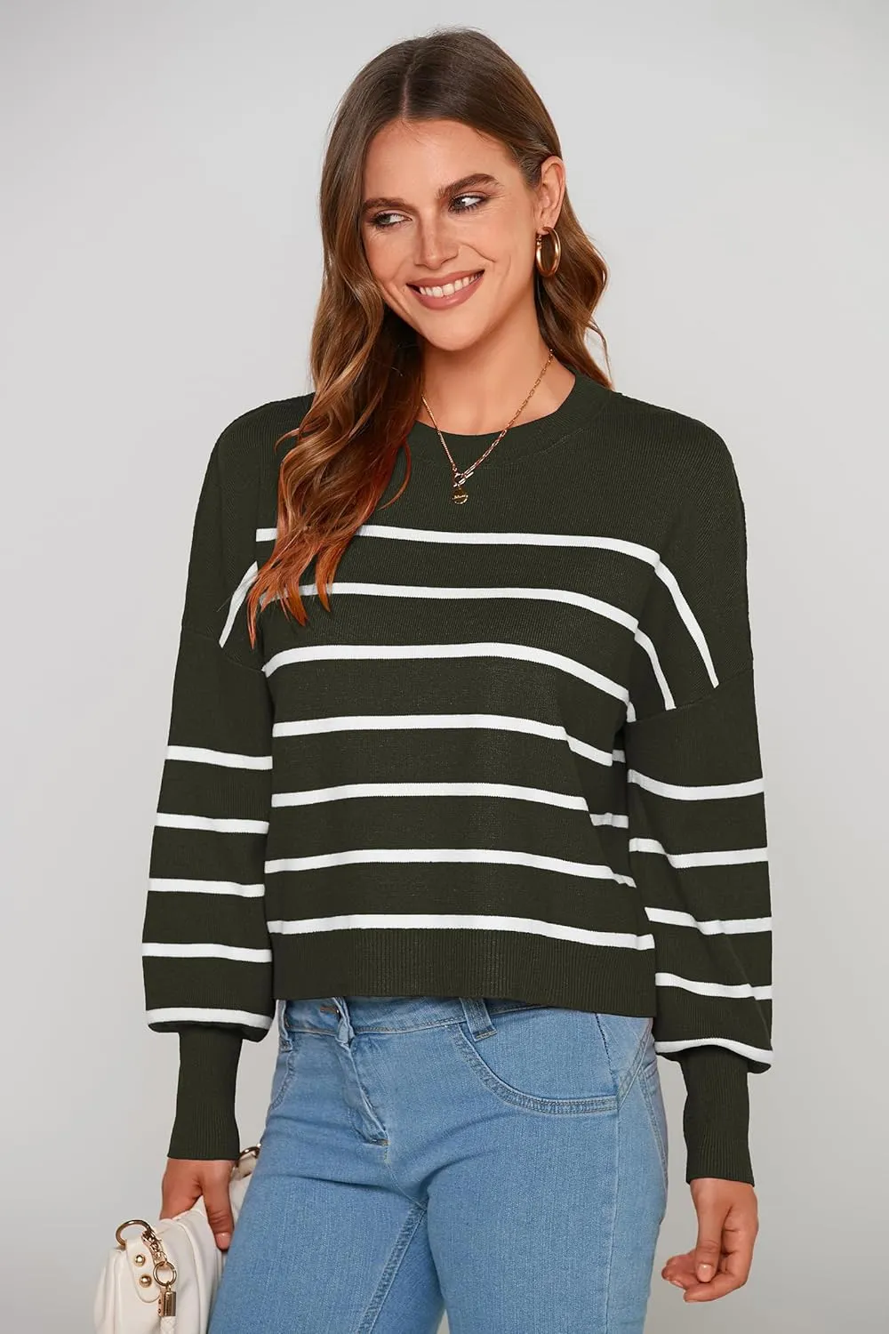 PRETTYGARDEN Women's Fall Cropped Striped Sweaters Casual Long Sleeve Crewneck Pullover Oversized Winter Tops Jumper