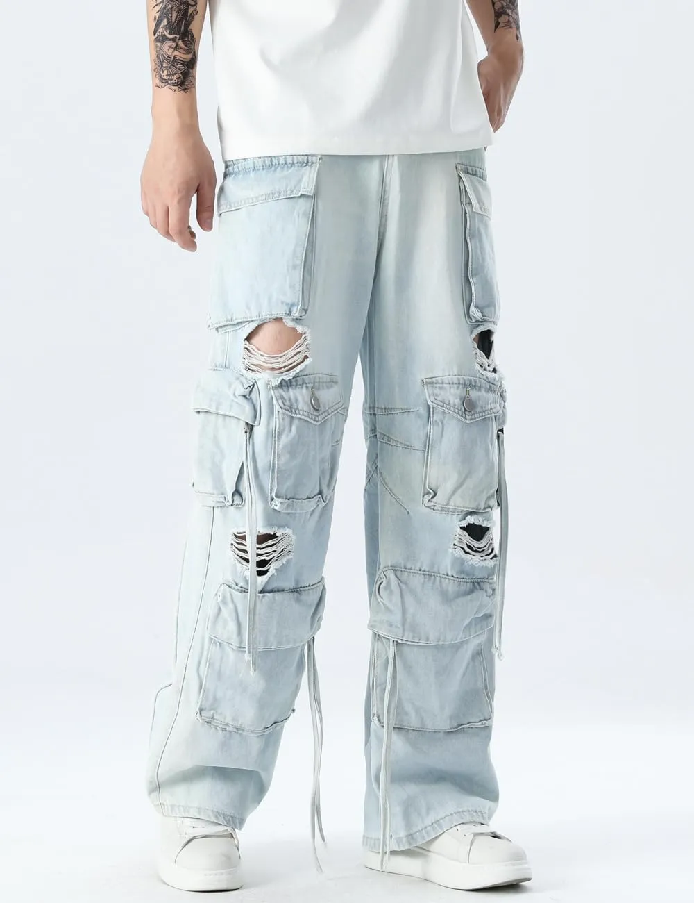 Rexcyril Men's Baggy Ripped Jeans Distressed Hip Hop Wide Leg Loose Fit Multi-Pocket Cargo Denim Pants