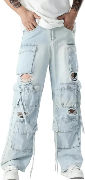 Rexcyril Men's Baggy Ripped Jeans Distressed Hip Hop Wide Leg Loose Fit Multi-Pocket Cargo Denim Pants
