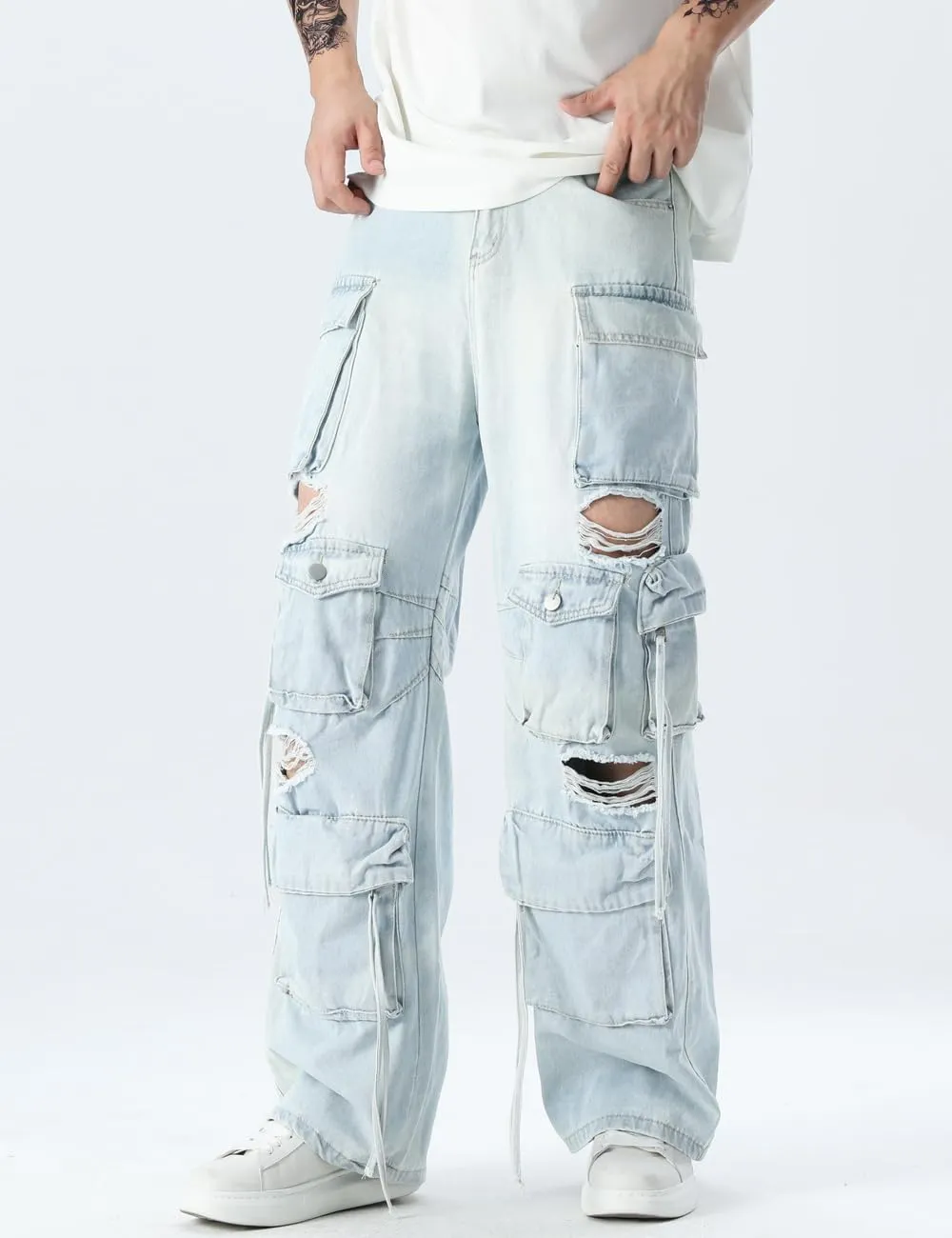 Rexcyril Men's Baggy Ripped Jeans Distressed Hip Hop Wide Leg Loose Fit Multi-Pocket Cargo Denim Pants