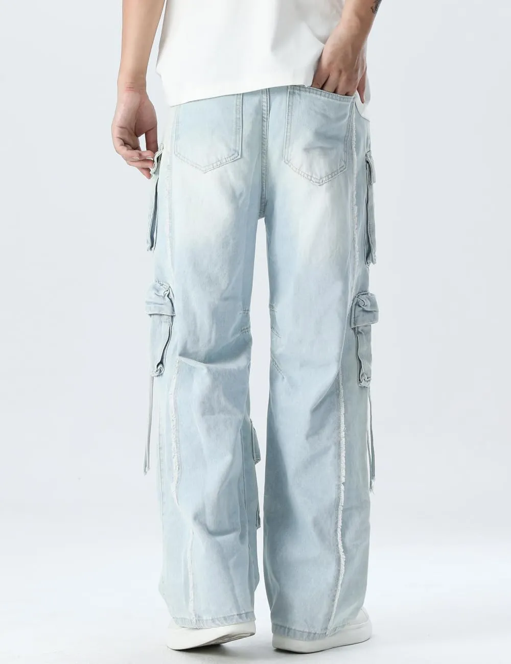 Rexcyril Men's Baggy Ripped Jeans Distressed Hip Hop Wide Leg Loose Fit Multi-Pocket Cargo Denim Pants