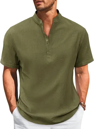 Runcati Mens Cotton Henley T-Shirts Short Sleeve Linen Textured Casual Summer Beach Hippie Shirt Tops