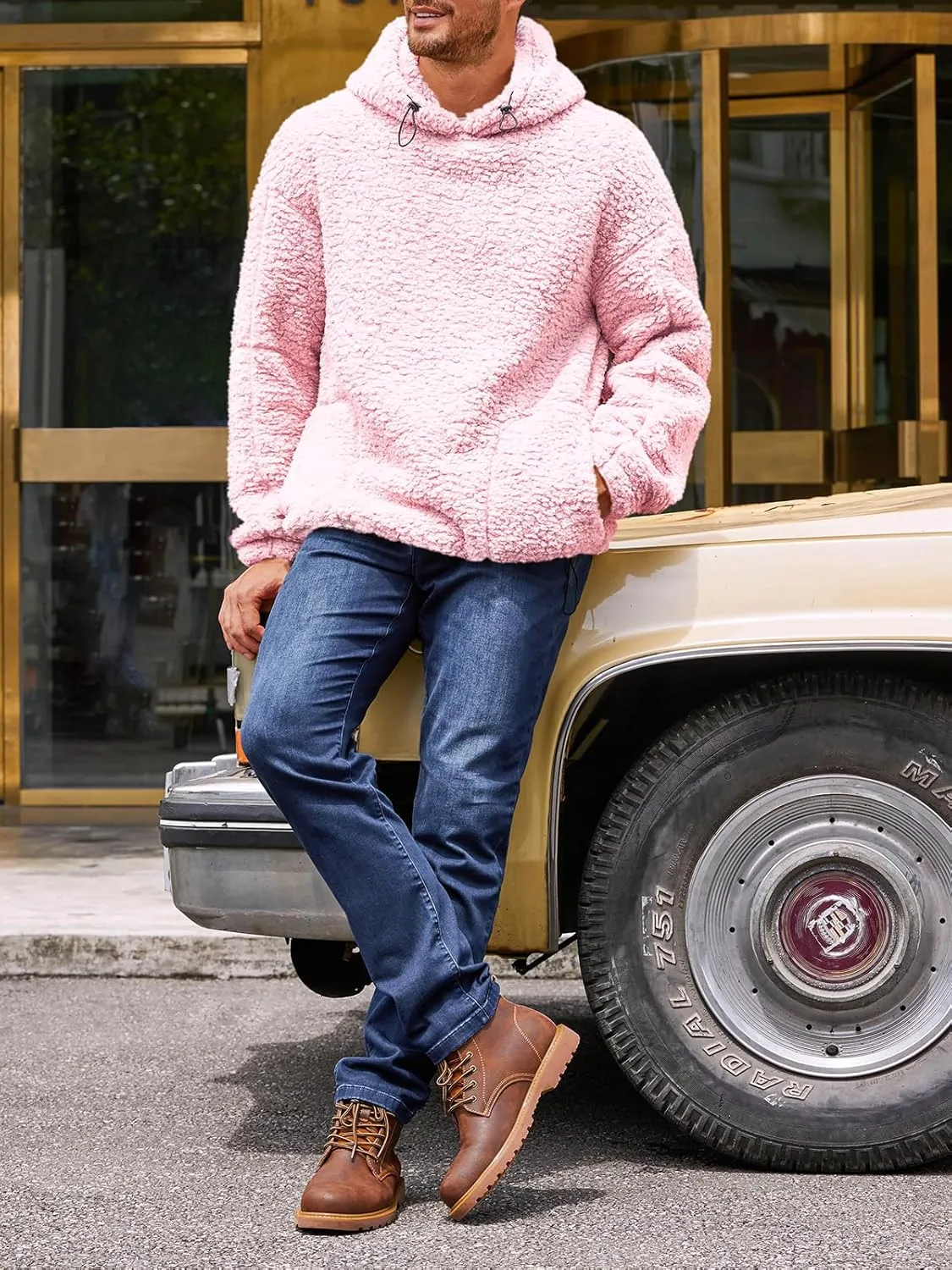 Runcati Mens Sherpa Hoodies Fleece Fuzzy Casual Pullover Long Sleeve Fall Winter Warm Sweatshirts