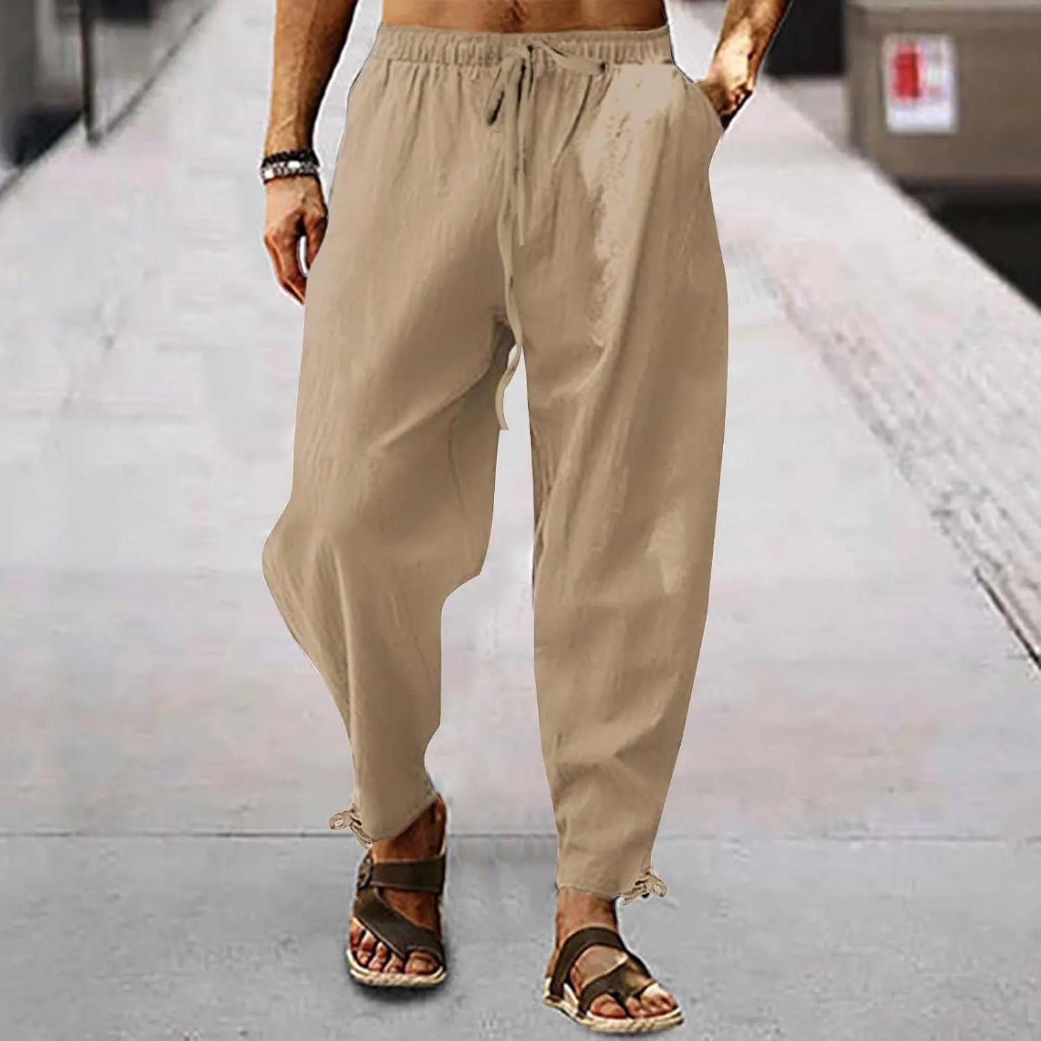 Running Pants for Men Cotton Linen Big and Tall Workout Pleated Relaxed Fit Loose Trousers Outdoor Hiking Gym Pants