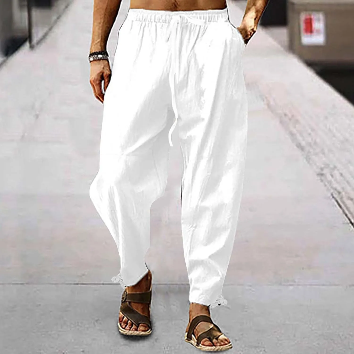 Running Pants for Men Cotton Linen Big and Tall Workout Pleated Relaxed Fit Loose Trousers Outdoor Hiking Gym Pants