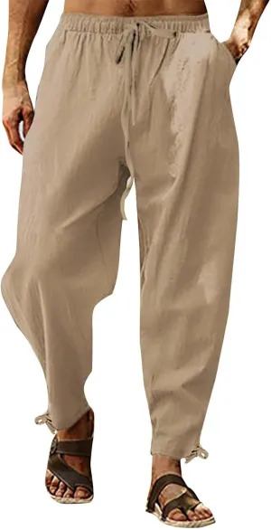 Running Pants for Men Cotton Linen Big and Tall Workout Pleated Relaxed Fit Loose Trousers Outdoor Hiking Gym Pants