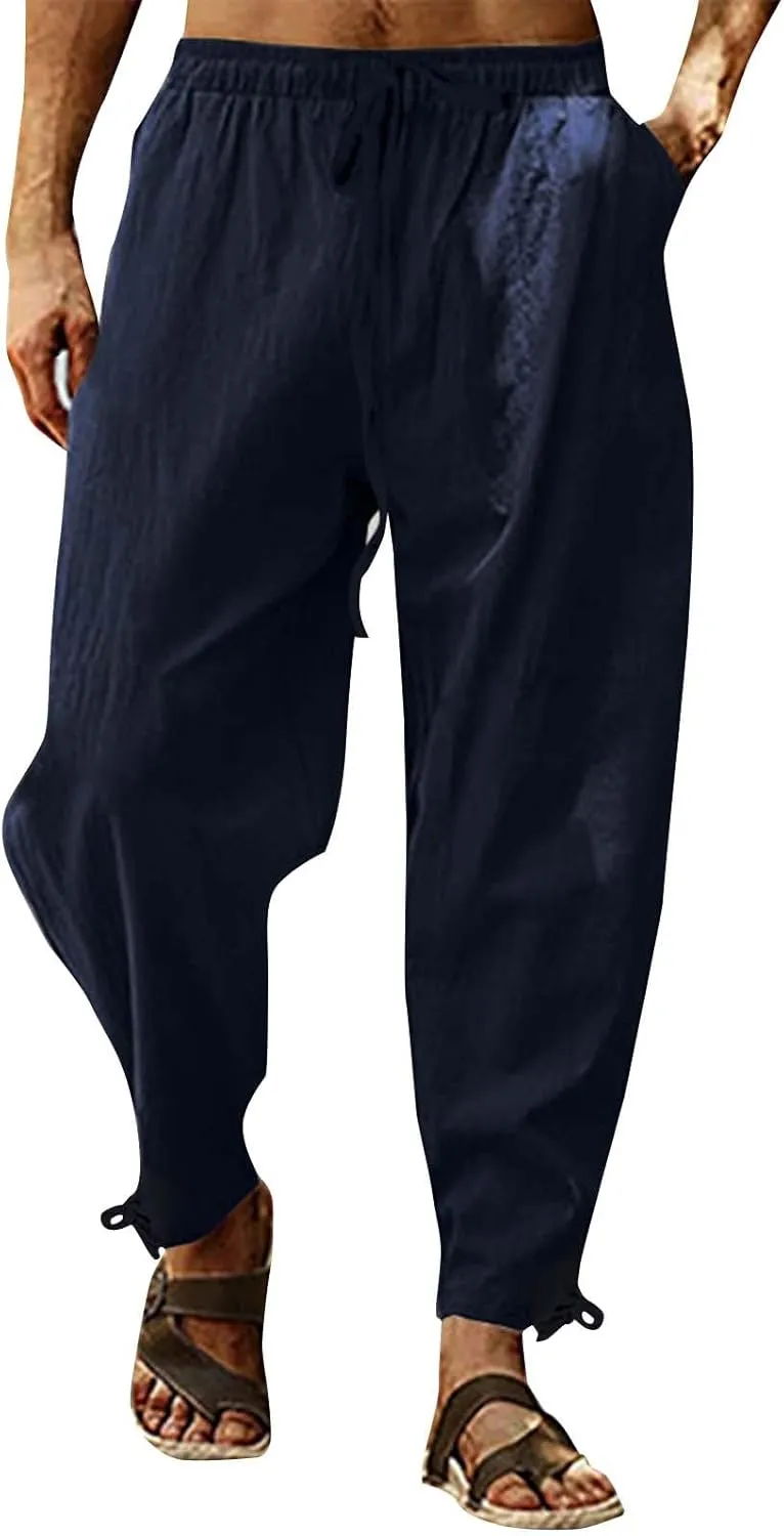 Running Pants for Men Cotton Linen Big and Tall Workout Pleated Relaxed Fit Loose Trousers Outdoor Hiking Gym Pants