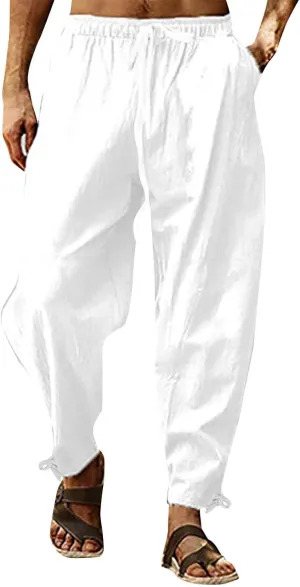 Running Pants for Men Cotton Linen Big and Tall Workout Pleated Relaxed Fit Loose Trousers Outdoor Hiking Gym Pants