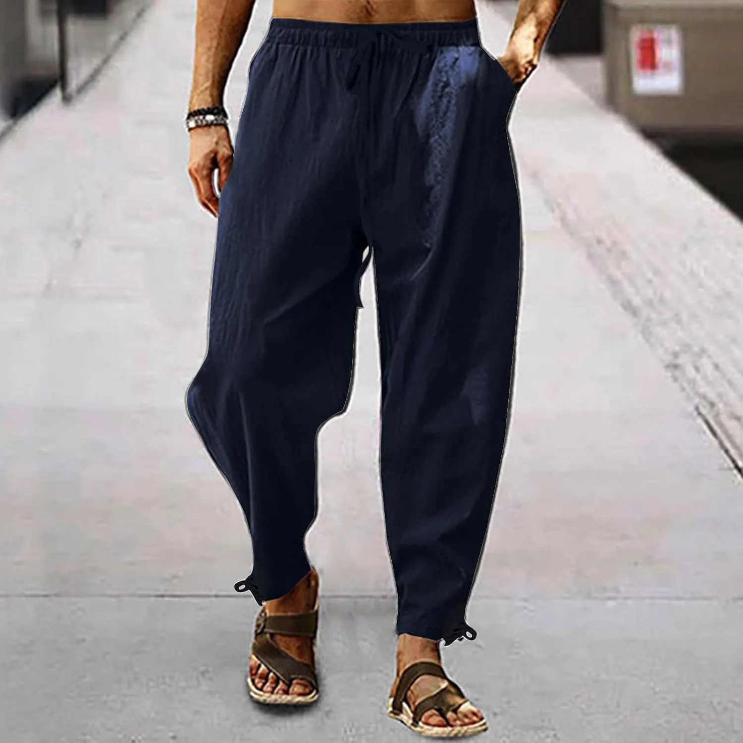 Running Pants for Men Cotton Linen Big and Tall Workout Pleated Relaxed Fit Loose Trousers Outdoor Hiking Gym Pants