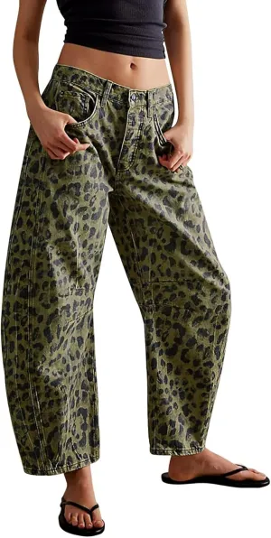 SAFRISIOR Leopard Jeans for Women Baggy Barrel Pants Mid Rise Cheetah Print Ankle Wide Leg Y2k Denim Trousers with Pockets