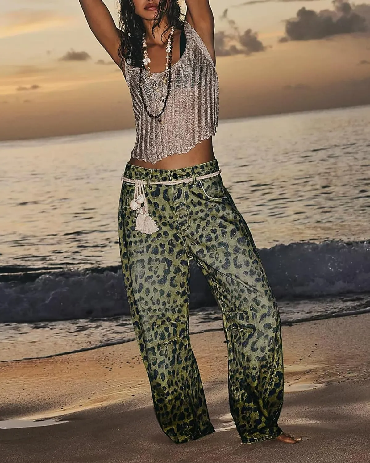 SAFRISIOR Leopard Jeans for Women Baggy Barrel Pants Mid Rise Cheetah Print Ankle Wide Leg Y2k Denim Trousers with Pockets