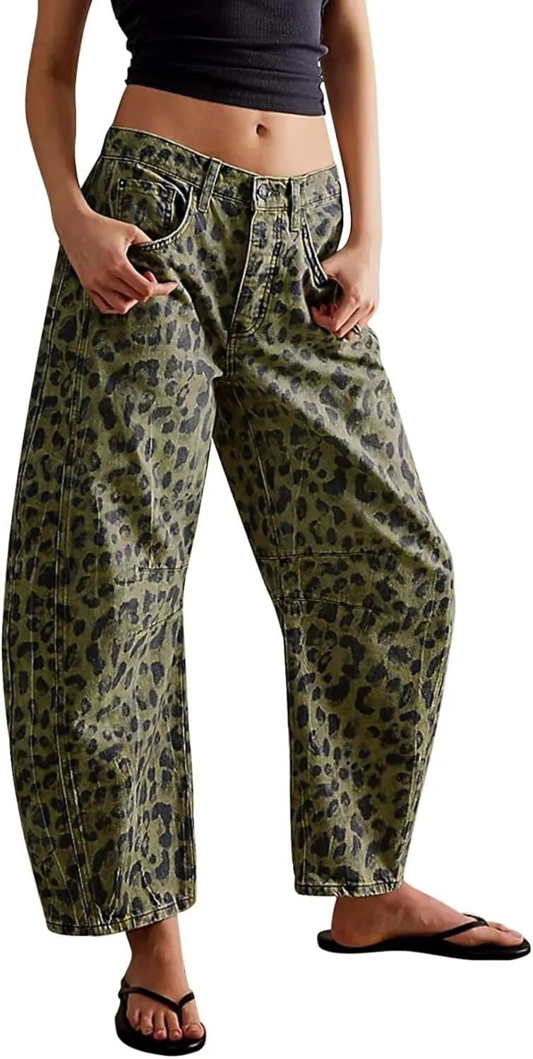 SAFRISIOR Leopard Jeans for Women Baggy Barrel Pants Mid Rise Cheetah Print Ankle Wide Leg Y2k Denim Trousers with Pockets
