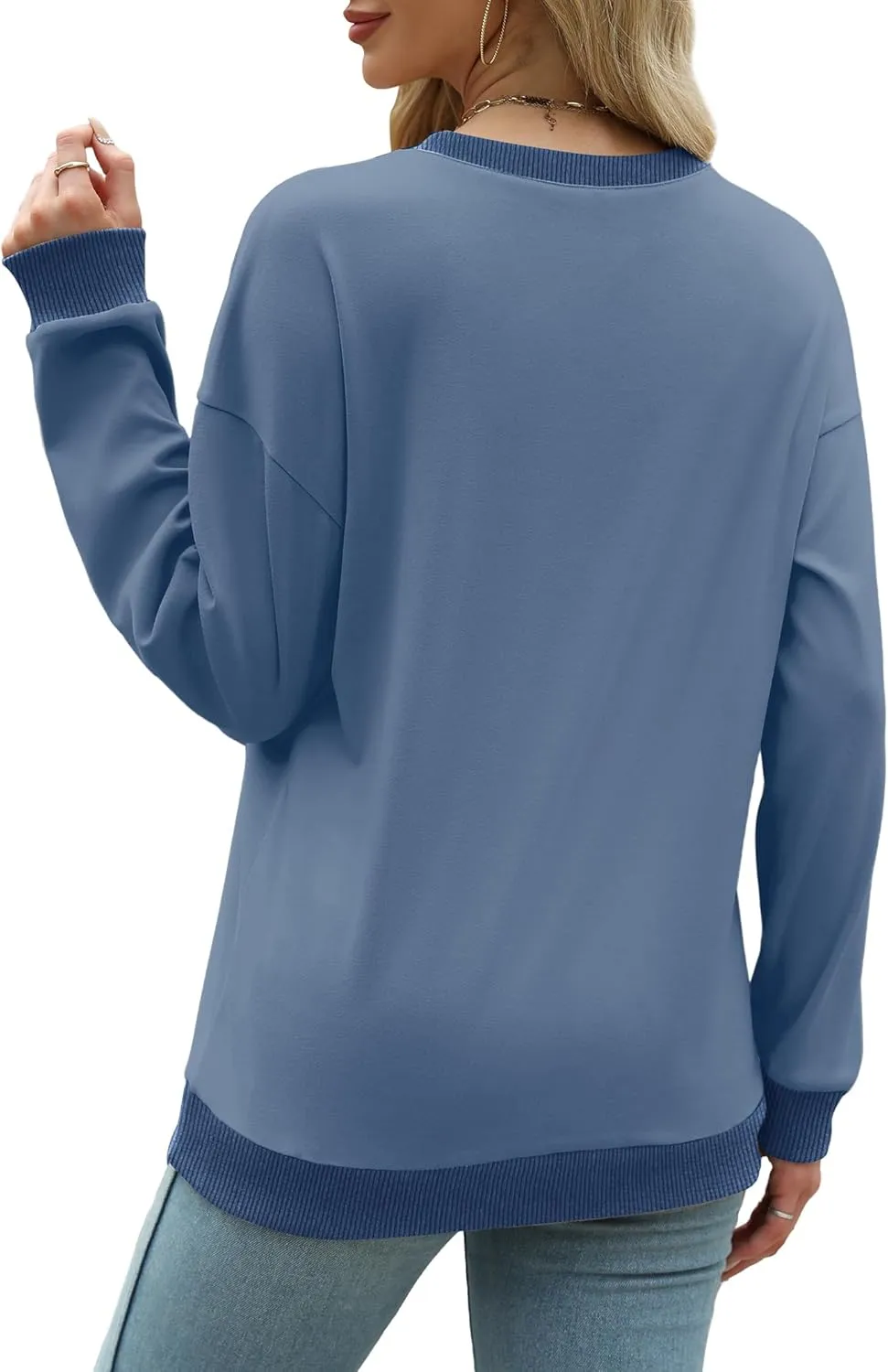 Saloogoe Sweatshirts for Women Crewneck Long Sleeve Loose Fit Tops Color Block Ribbed Trim Fashion 2024