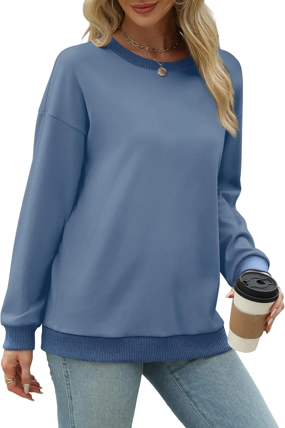 Saloogoe Sweatshirts for Women Crewneck Long Sleeve Loose Fit Tops Color Block Ribbed Trim Fashion 2024