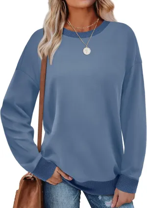 Saloogoe Sweatshirts for Women Crewneck Long Sleeve Loose Fit Tops Color Block Ribbed Trim Fashion 2024