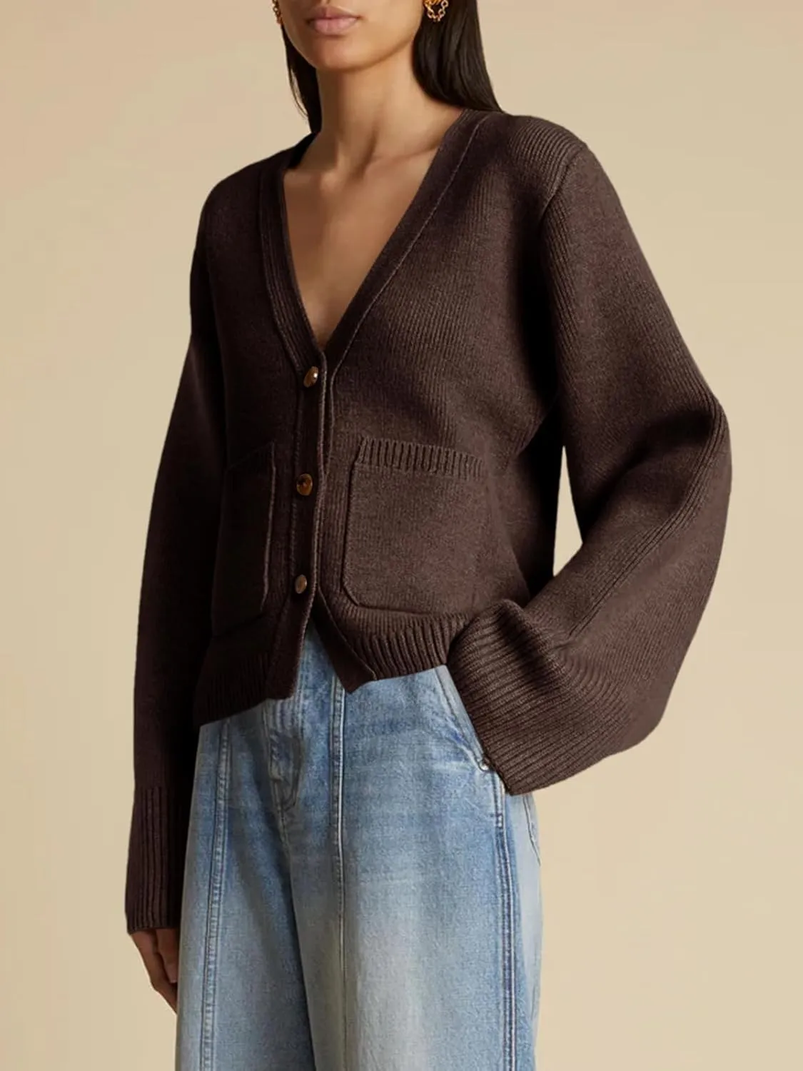 Saodimallsu Womens Deep V Neck Cardigan Sweaters Open Front Button Down Long Sleeve Cropped Knit Coats with Pockets