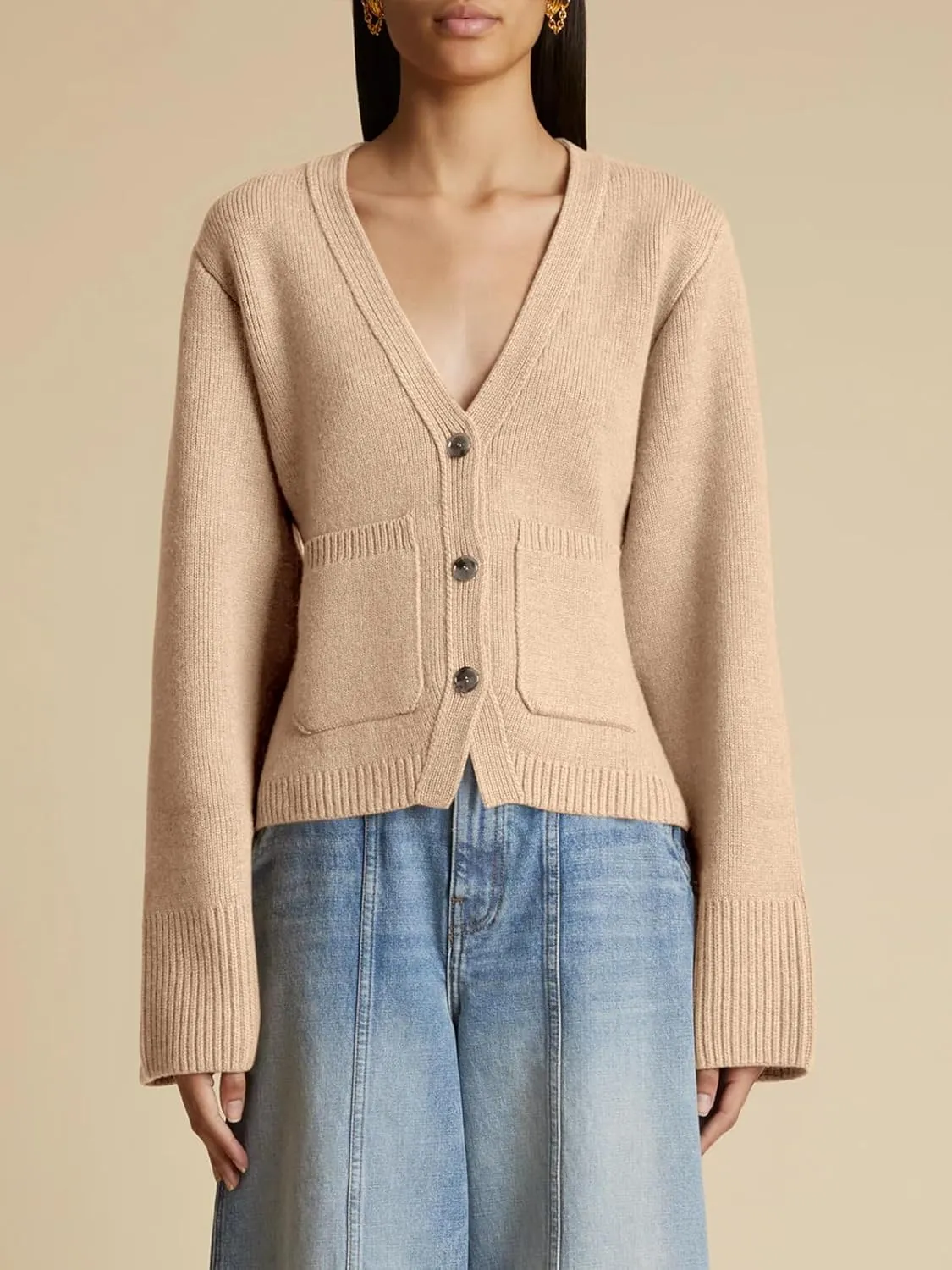 Saodimallsu Womens Deep V Neck Cardigan Sweaters Open Front Button Down Long Sleeve Cropped Knit Coats with Pockets