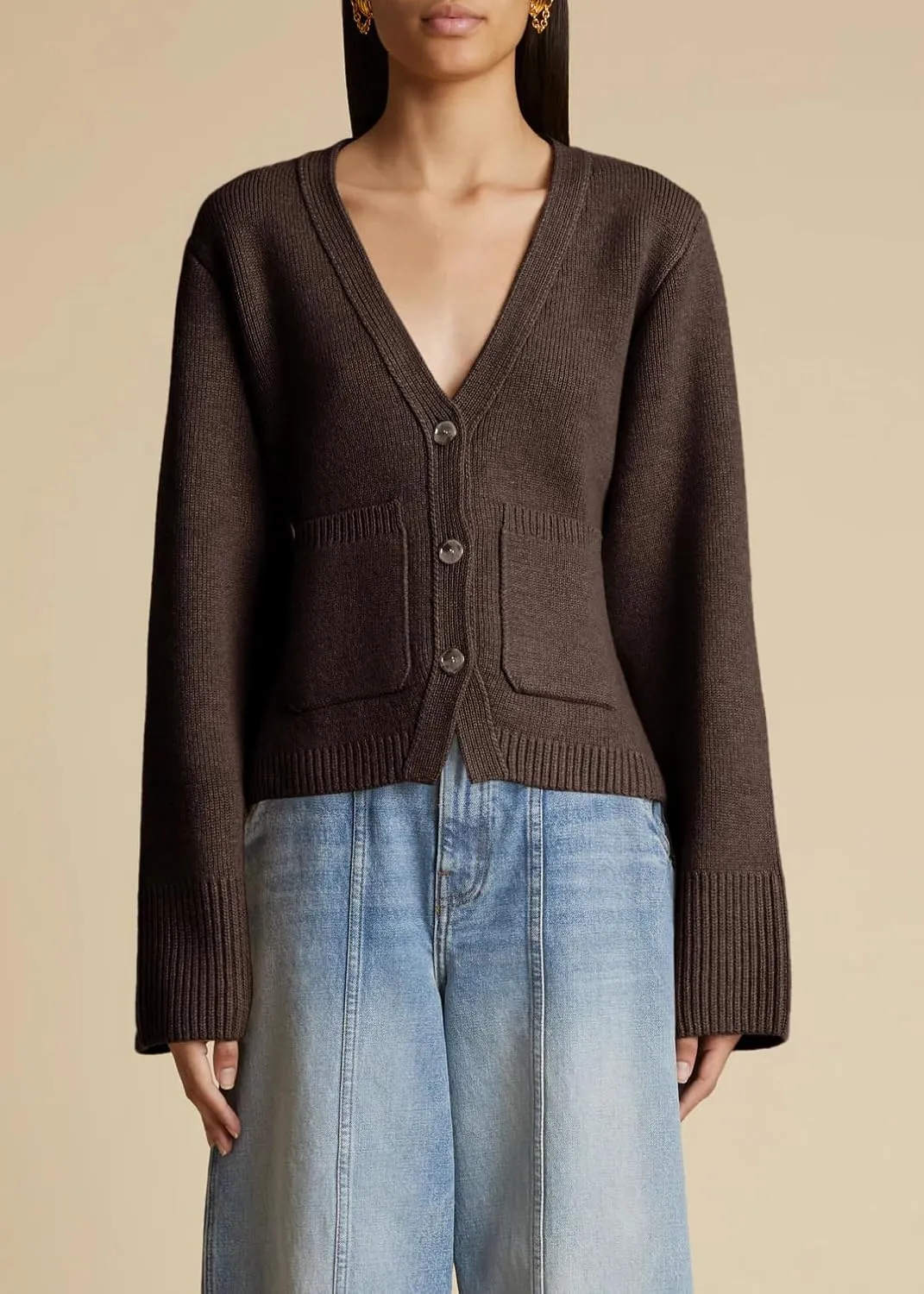 Saodimallsu Womens Deep V Neck Cardigan Sweaters Open Front Button Down Long Sleeve Cropped Knit Coats with Pockets